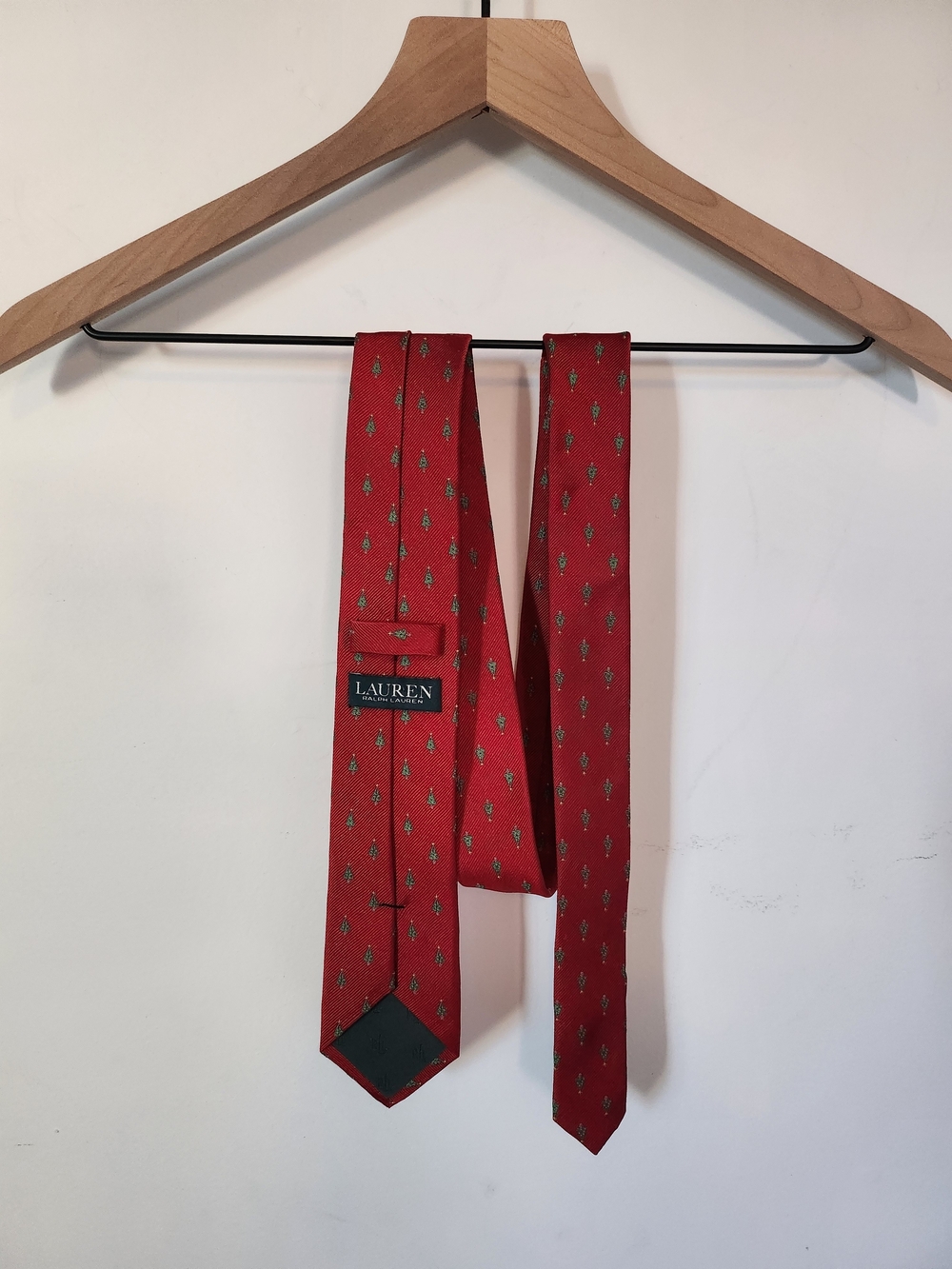 Ralph Lauren Red Holiday Tie with Small Green Motif